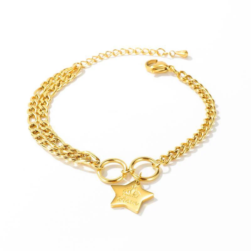 

Stainless Steel Star Charm Double Chain Gold Layered Bracelet, 18k gold