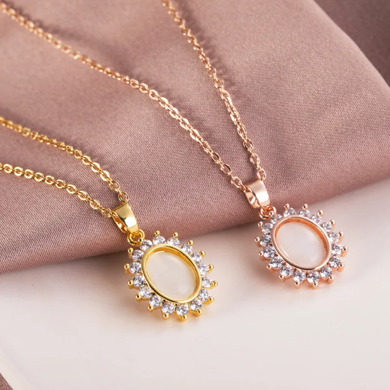

Korean Vintage Style 18K Gold Plated Titanium Steel Cat Eye Necklace Crystal Rhinestone Oval Opal Pendant Necklace