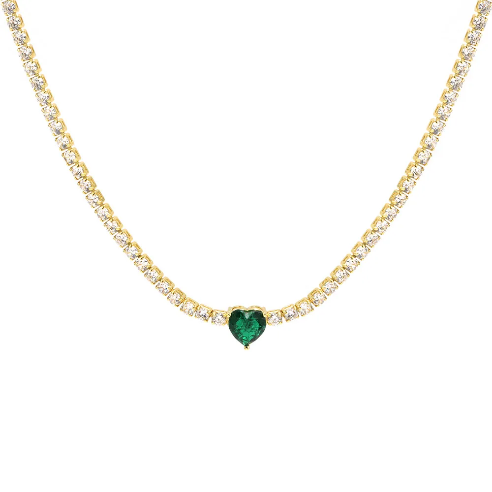 

Gold Plated Tennis link Chain Heart Green Zircon Diamond Pendant Necklace For Women