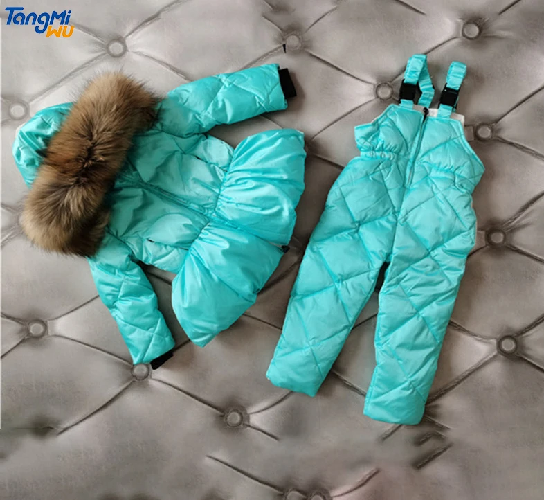 

TMW wholesale winter full zipper hooded down puffer jacket combinaison de ski white duck down filled kids ski suit, Multicolor