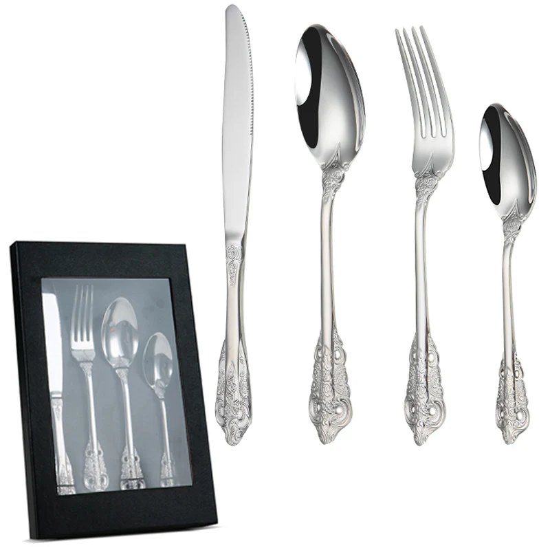 

4 Pcs Luxury Royal Cutlery Silver Stainless Steel Flatware Set With Gift Box, Customized color