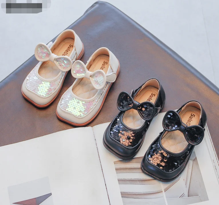 

2022 HOT SELLING baby girls leather shoes new arrival fashion design party Sequin bow Mary Jane dress shoes kids