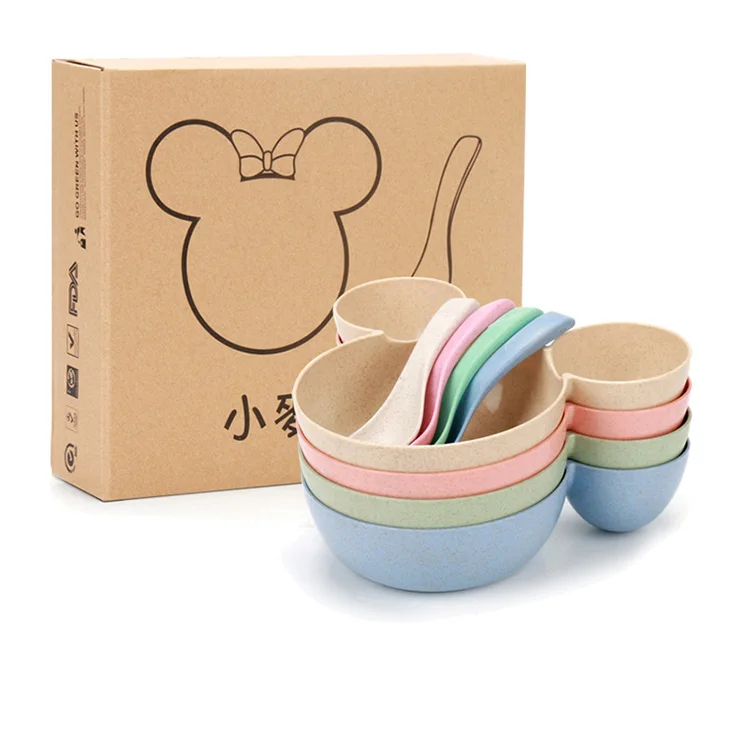 

Kitchen Accessories Amazon Top Seller Bamboo Fiber Animal Salad Children Dish Cup Fork Spoon Tableware, Pink green blue wheat