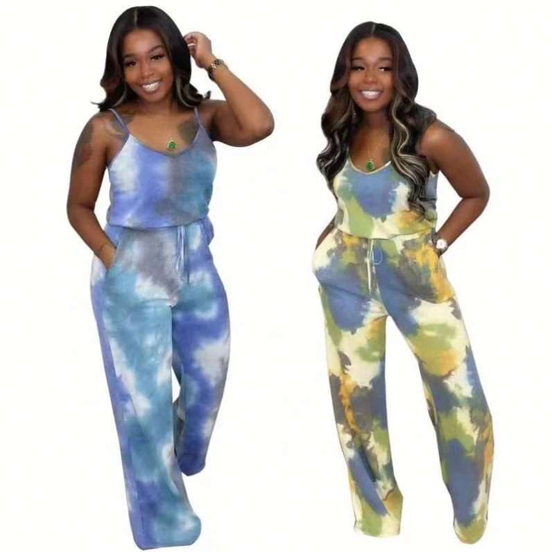 

2021 Trendy Printing Tie-dye Jumpsuits Fashion for Women Loose Fitting V-neck One Piece Pleated Lace-up Jumpsuit