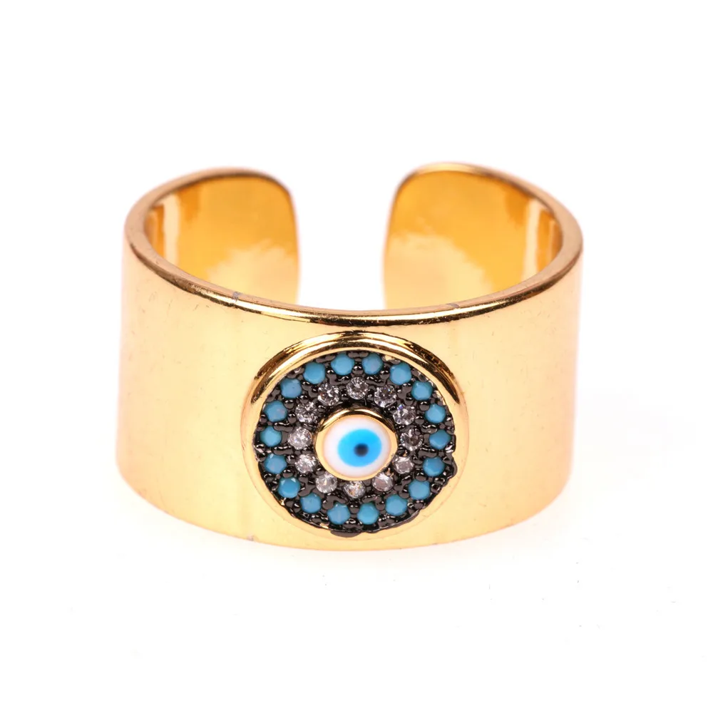 

Brand New Newest Wide Colorful Zircon Evil Cuff Ring Simple Blue Turkish CZ Eyes Shape Open Band Rings For Unisex, As picture