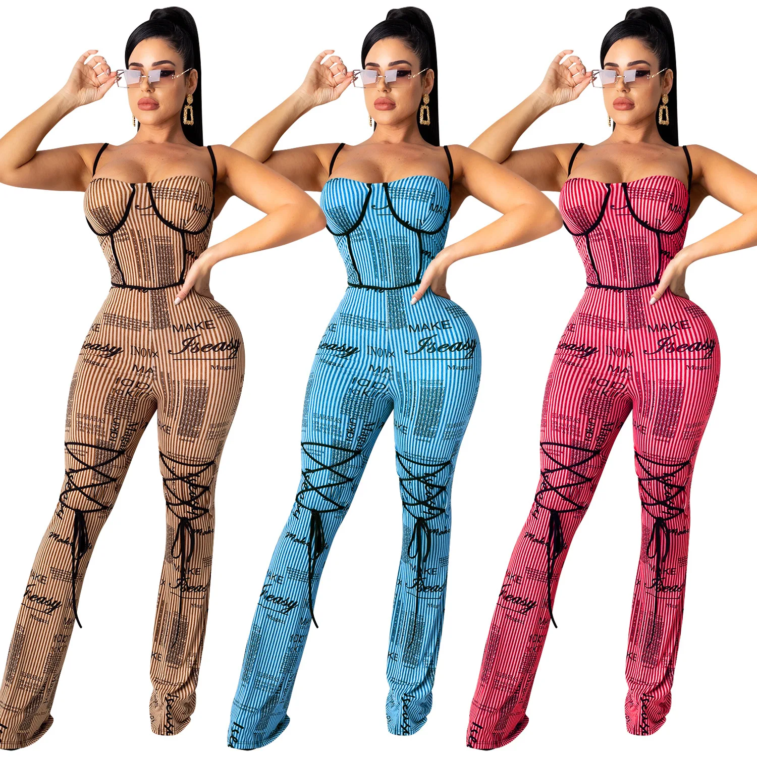 

2021 Spring New Jumpsuit And Rompers Women Wide Trousers Sexy Clothing Lace Up One Piece Yoga Bodycon Jumpsuits, Photo color