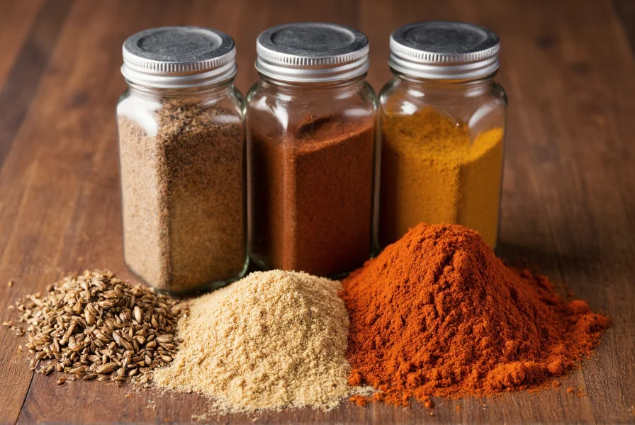 Various spice jars including cumin, chili powder, and garam masala arranged on wooden table