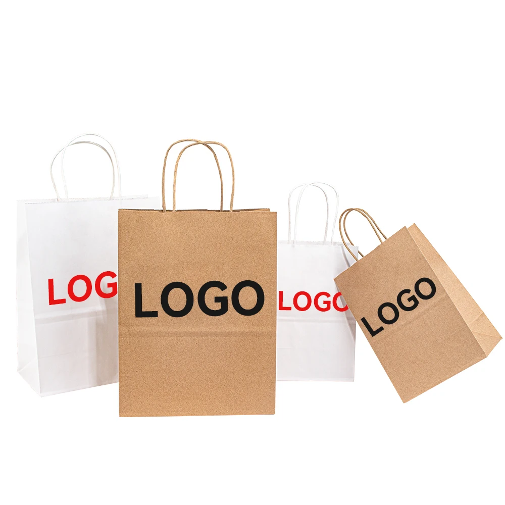 

Cheap Brown white Twisted Handles Wedding Gift Food Packaging Custom Printed Shopping Paper Bags with Your Own Logo