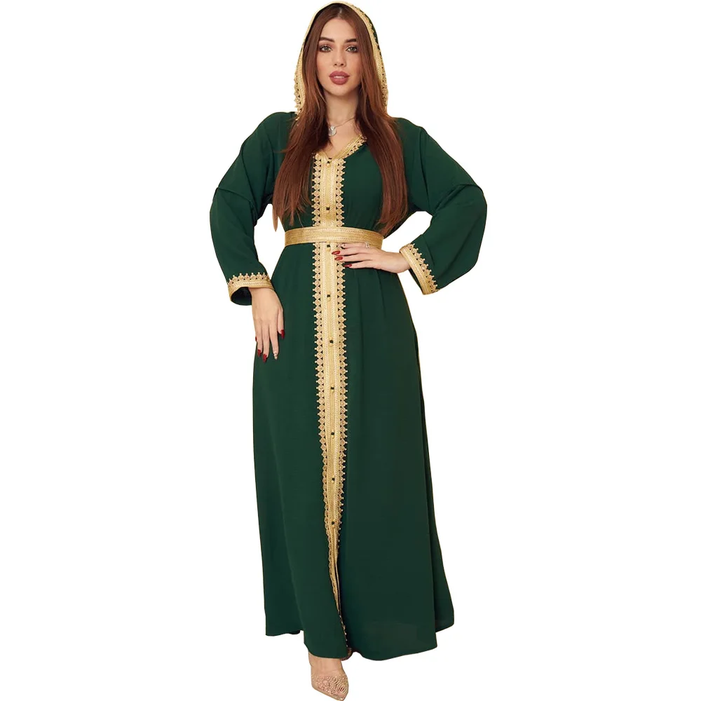 

Hot Selling Linen Green Loose Fit Casual Women Elegant Dubai Hoodie Islamic Muslim Dress Eid Abaya