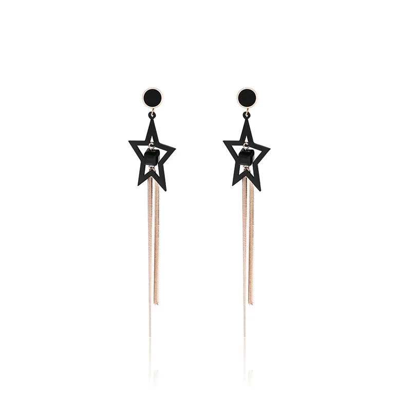 

2020 Trendy Stainless Steel Rose Gold Plated Black Star Tassel Earrings