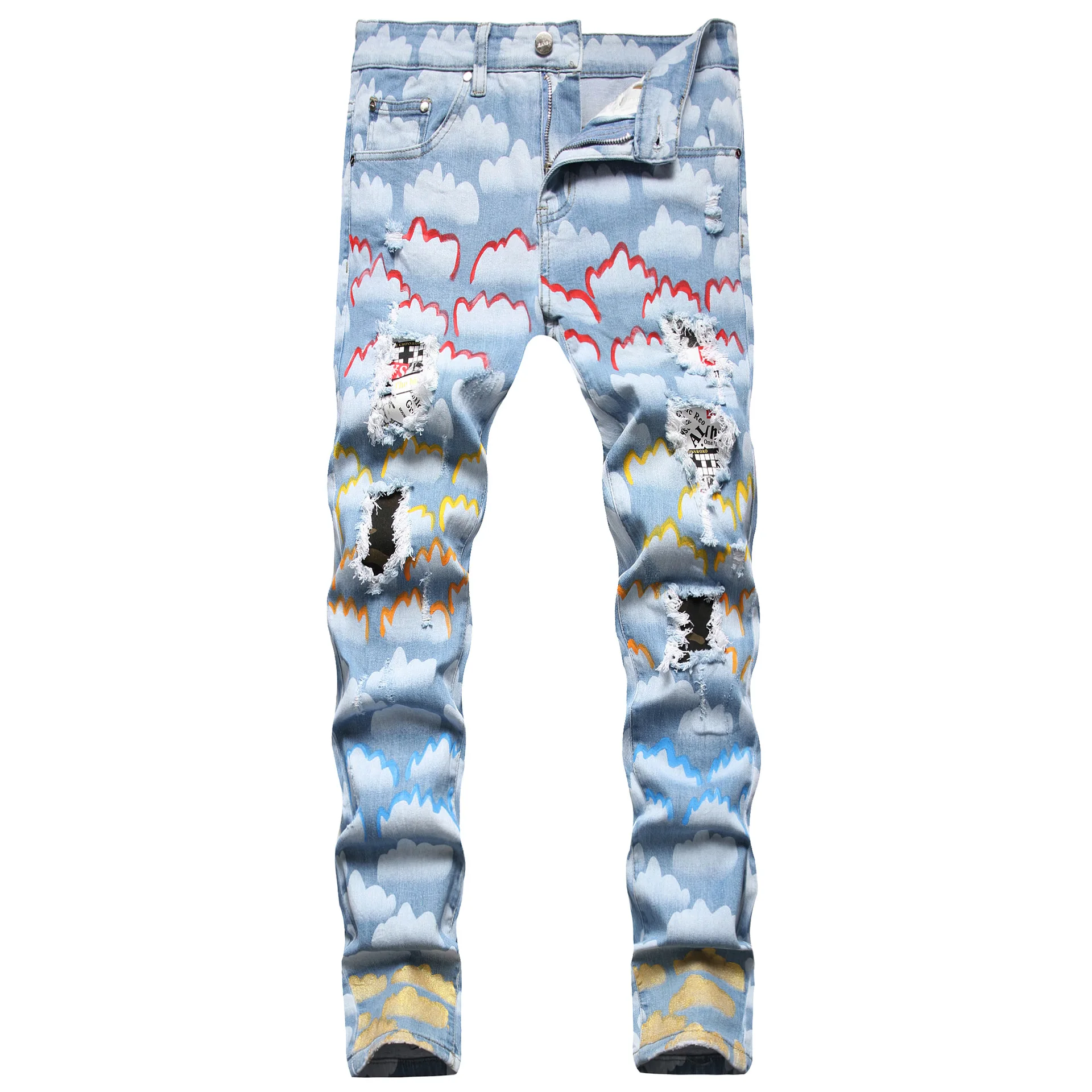 

2022 Full print ripped jeans Quality men pants jeans denim jeans, Blue