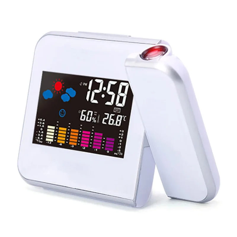 

Colorful LCD Smart Electronic Desktop Table Desk LED Laser Ceiling Digital Projection Alarm Clock with Weather Station 8190, White and black