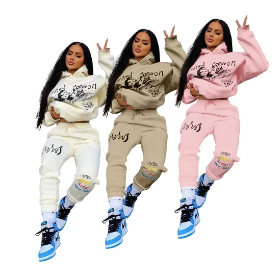 

New Trending Hood Sweatsuit Streetwear Graphic Sweatshirt and Jogger Set 2 Piece Set Women Fall Clothes, Shown