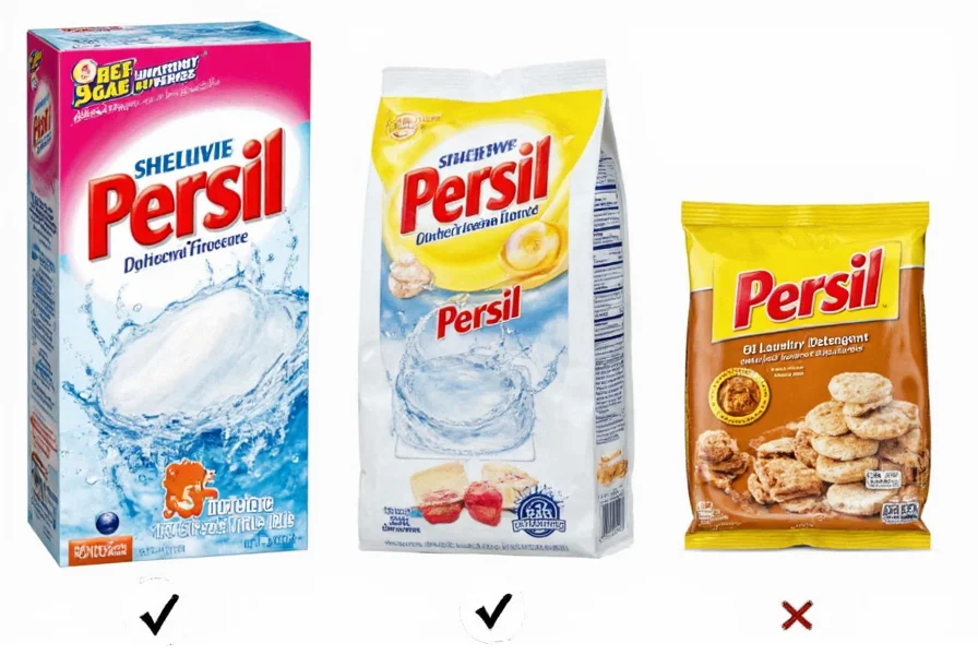 Side-by-side comparison of Persil laundry detergent packaging and common food product packaging showing clear visual differences in labeling and design