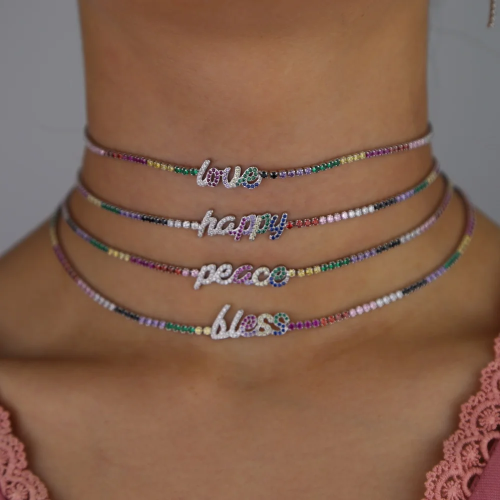 

New design choker chain rainbow colorful cz tennis chain customize name word personalized women necklace