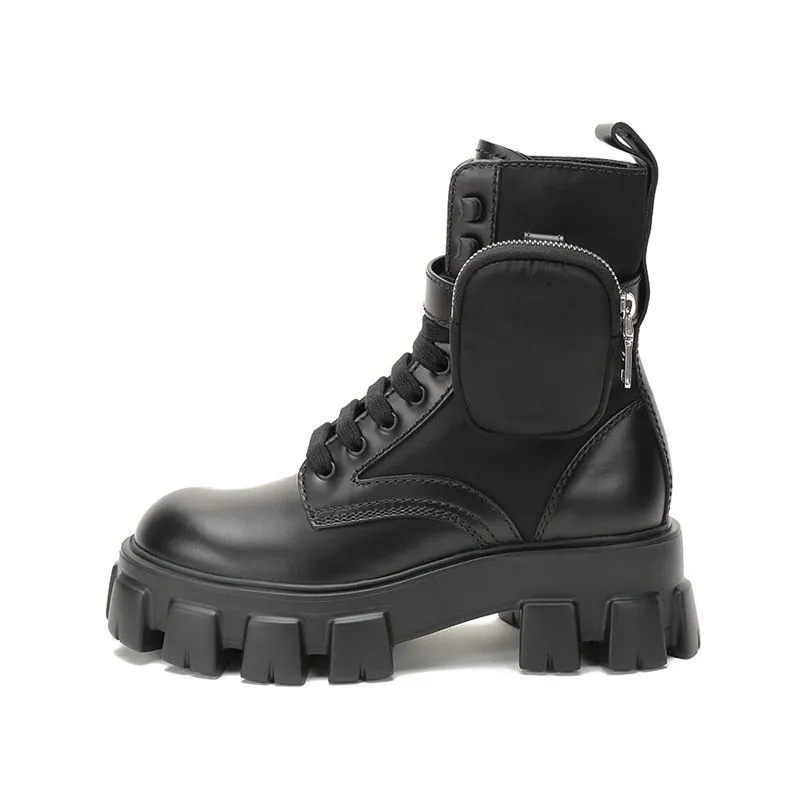 

Black Punk Women Ankle Platform Motorcycle Boots Pardas Women Lace Up Chunky Heel Belt Buckle Pocket Designer Shoes Women