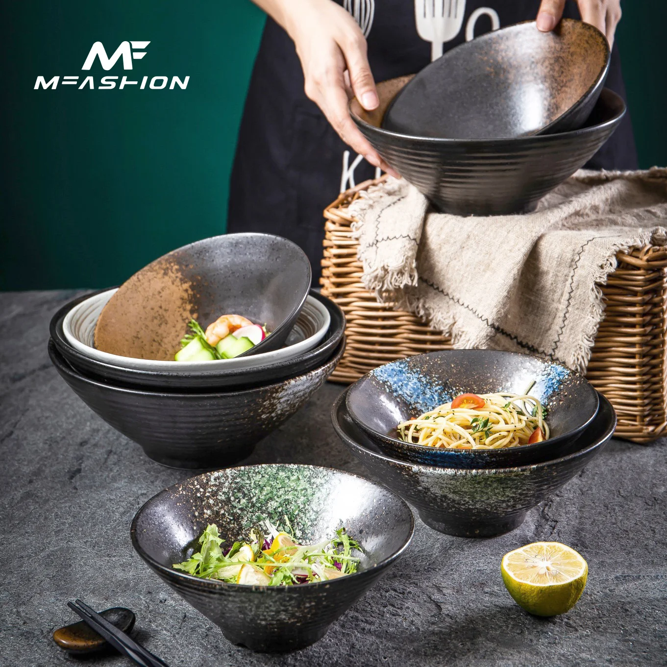 

Mfashion cheap china Japanese Retro porcelain ceramic bowls ramen salad soup mixing bowl set with Chopsticks and spoon, Colors