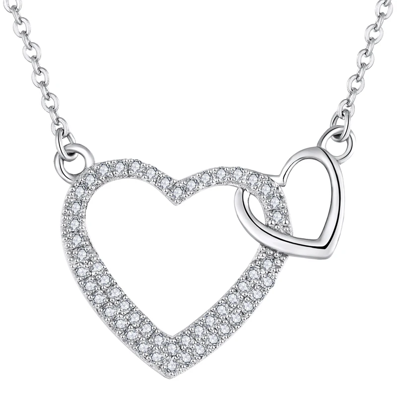 

Customization Iced Out Women Rhodium Plated S925 Sterling Silver Wholesale Romantic Cubic Zirconia Double Diamond Heart Necklace