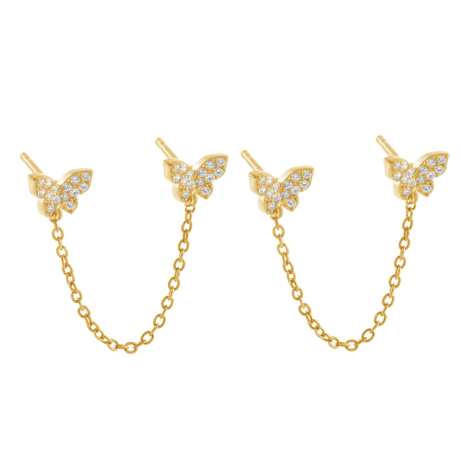

wholesale 925 sterling silver jewelry 18k gold plated pave double butterfly chain stud earrings for women