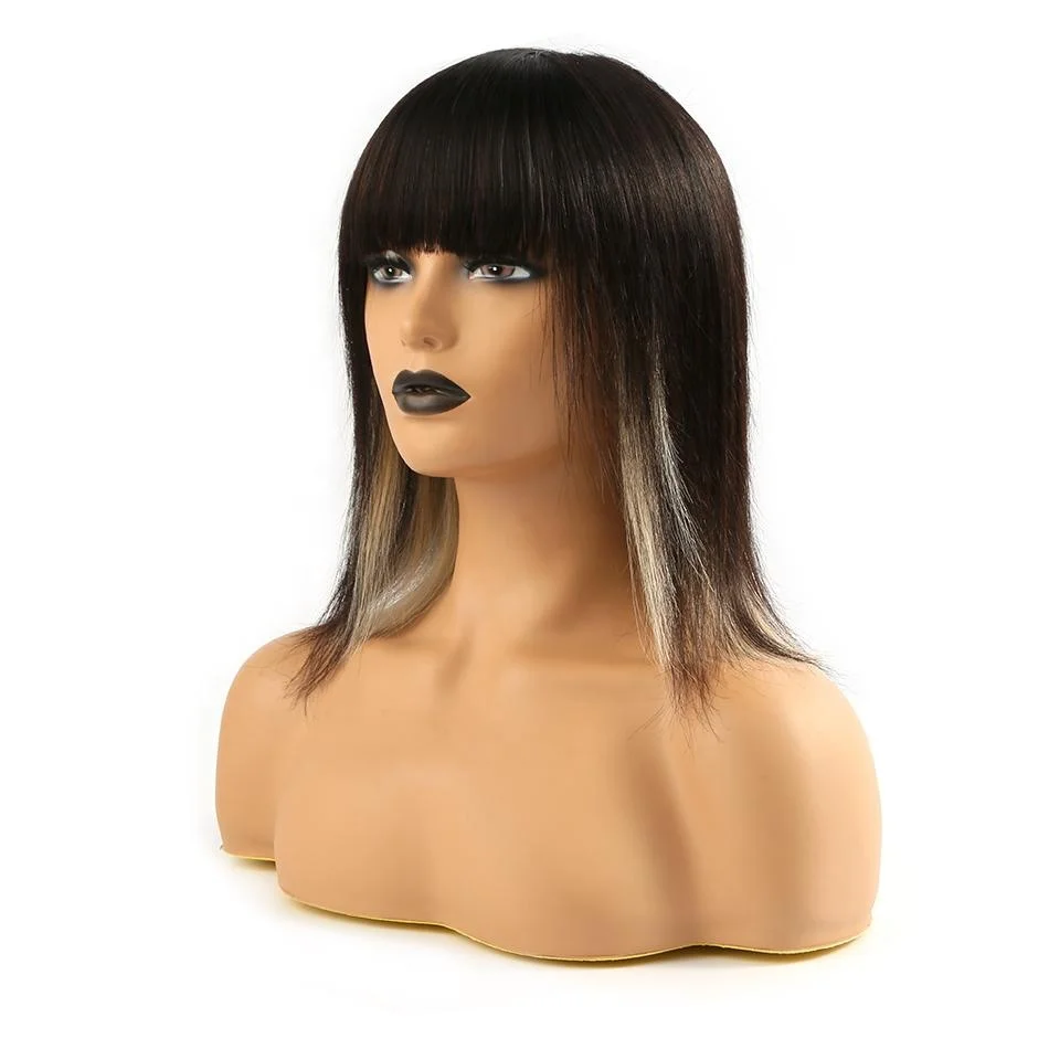 

Lace Front Wigs with Bangs Mix Color Blunt Cut Ombre Color Short Human Hair Brazilian Hair 100% Virgin Human Hair Swiss Lace