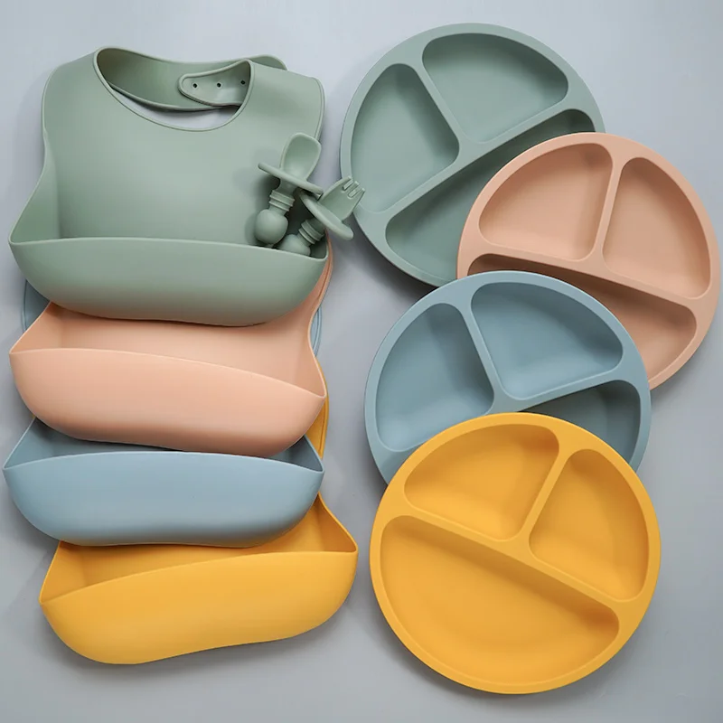 

New Product Ideas Silicon Baby Bibs 100% Food Grade Silicone Plate Healthy Feeding Spoon Fork