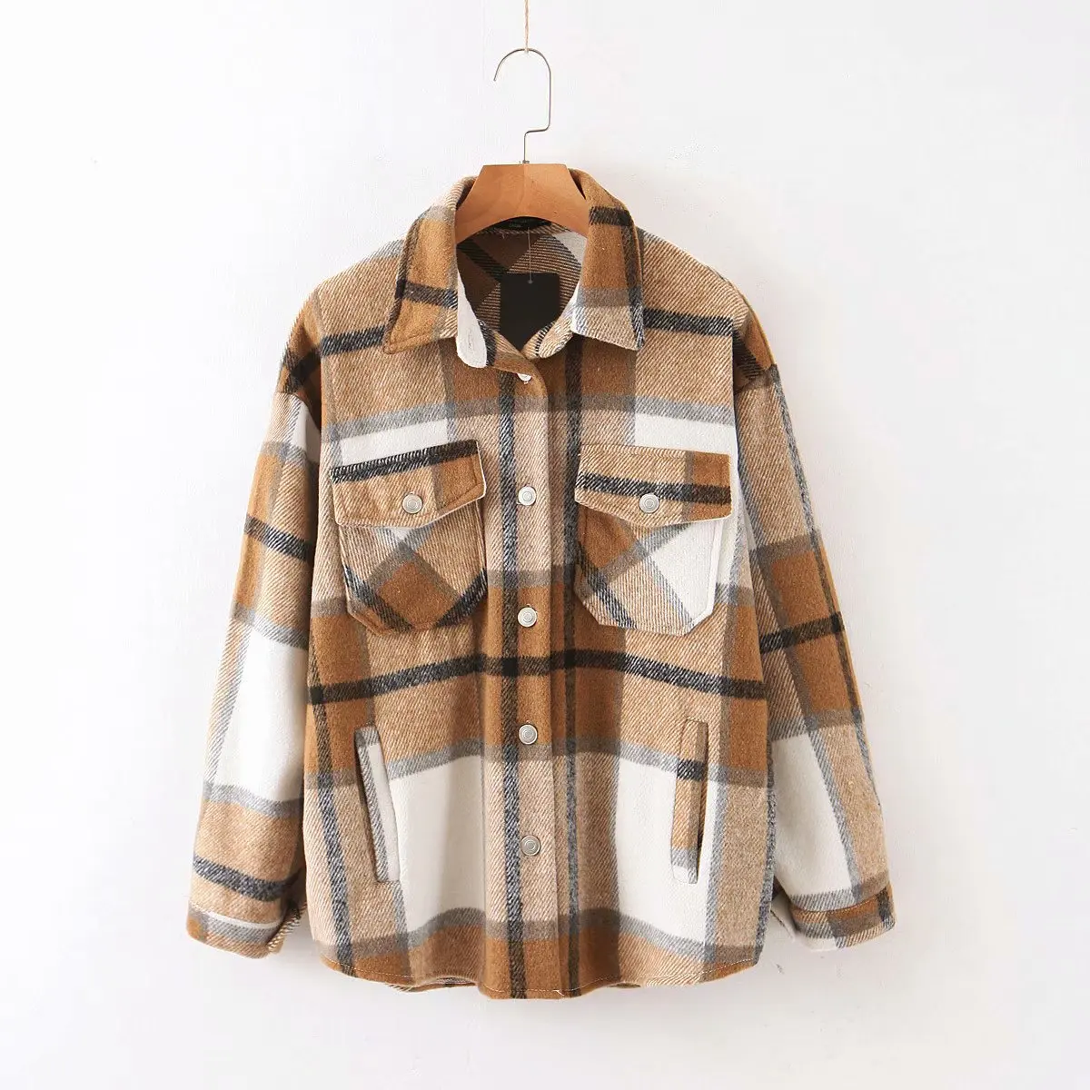 

Oversized design plaid color shirt coat casual women's cargo jackets with pocket