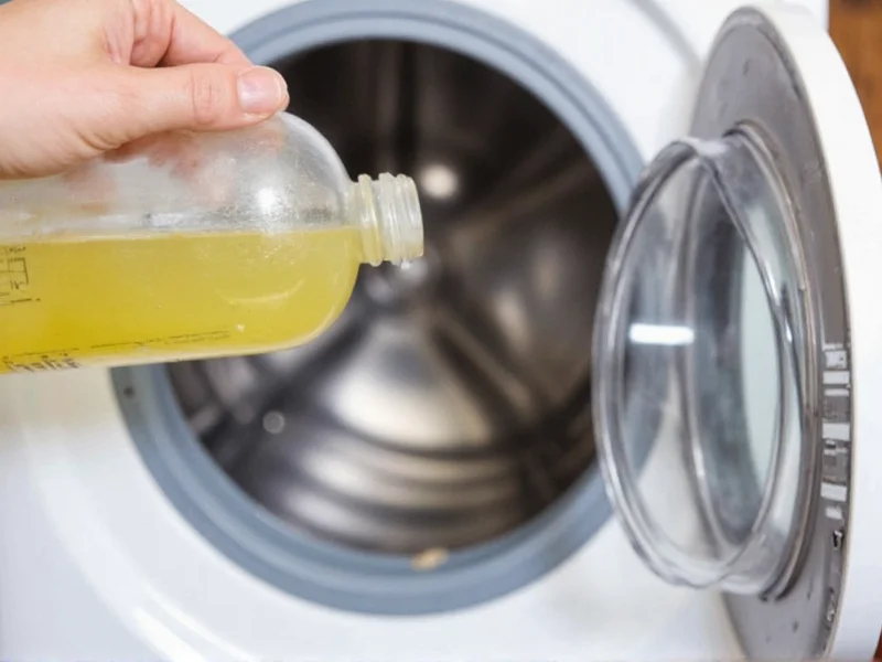 Pouring vinegar into washing machine drum