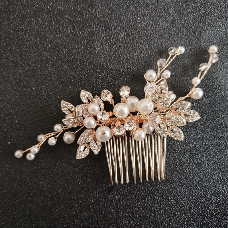 

SLBRIDAL Handmade Rose Gold Rhinestones Crystal Pearls Flower Wedding Hair Comb Bridal Headpieces Hair accessories Women Jewelry