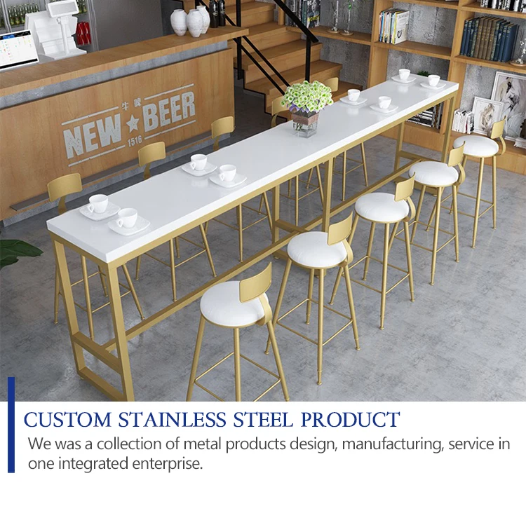 high end customized gold cocktail long bar table golden stainless steel marble top high counter bar table