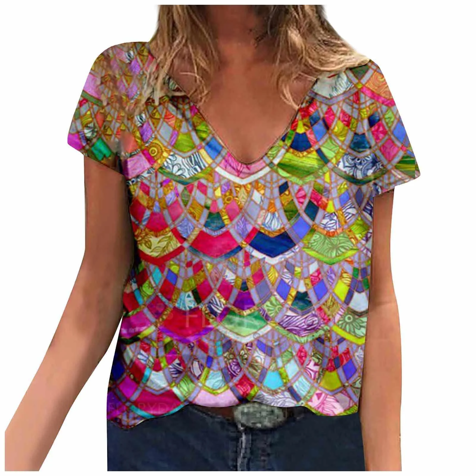 

New Digital Printing Women's Short Sleeve Tee Loose V-neck Printed T-shirt