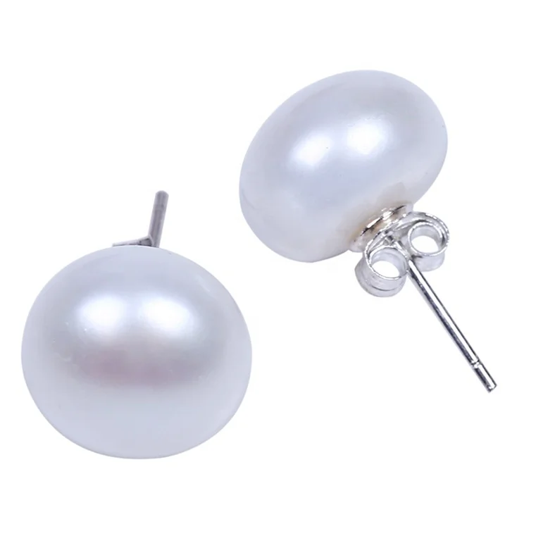 

925 sterling silver simple button natural genuine freshwater pearl stud earrings, White