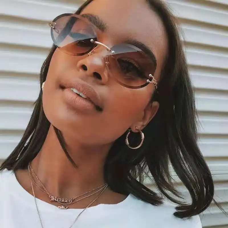 

2021 Custom Logo Customized Trendy Ladies Hot Women Small Gradient Vintage cut Oval Rimless Shades Sunglasses Luxury