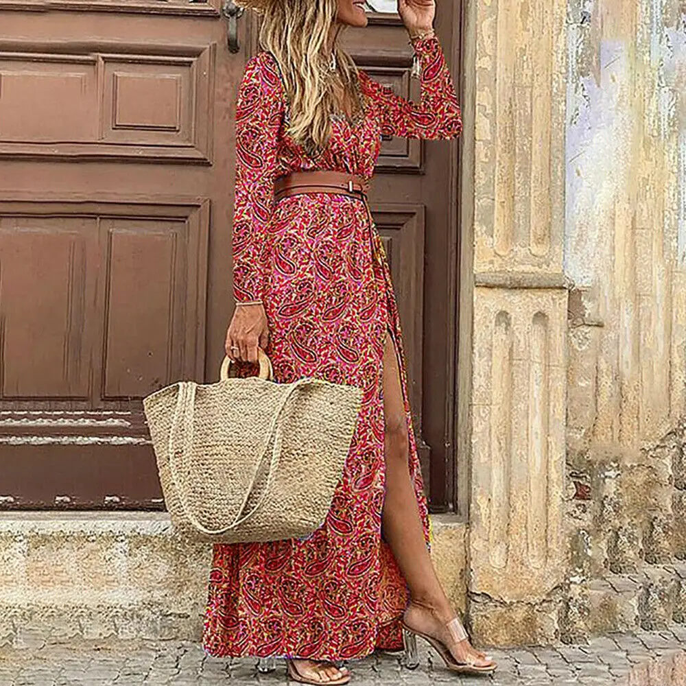 

Wholesale Spring Floral Printed Boho Style Dress Women V Neck Long Sleeve Casual Women Vintage Floral Long Sleeve Dress, Customized color