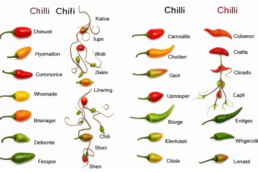 Side-by-side comparison of various chili pepper varieties labeled with both chilli and chili spellings