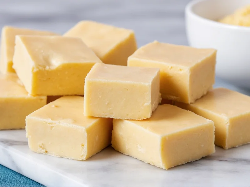 Creamy homemade fudge squares on marble slab