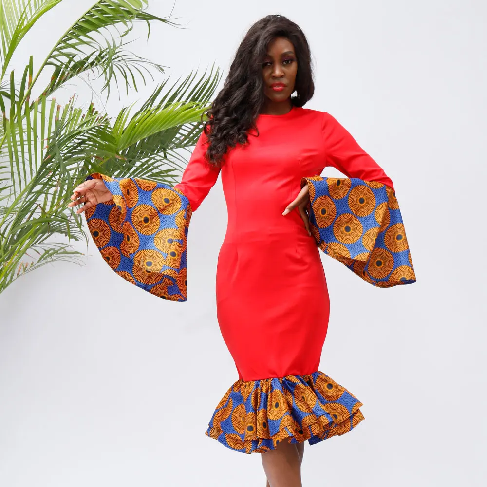 

2021 New Design Women Casual Dresses African Print Design Kitenge Long Sleeve Flare Sleeve Dresses For Women, Customized color