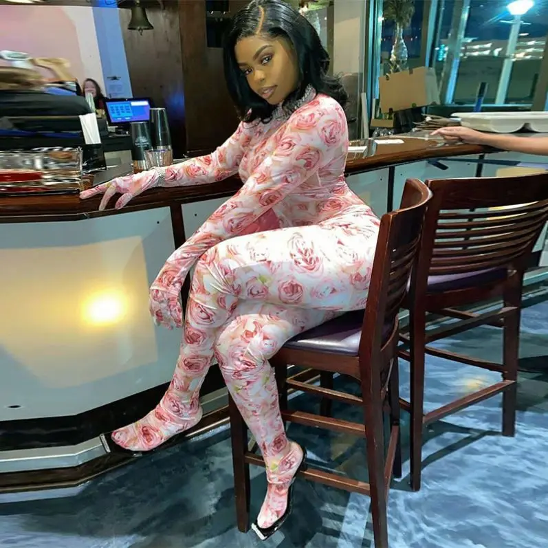 

X00578L Phoenix Rose print back open zipper long sleeve cuff long trousers, 1 color
