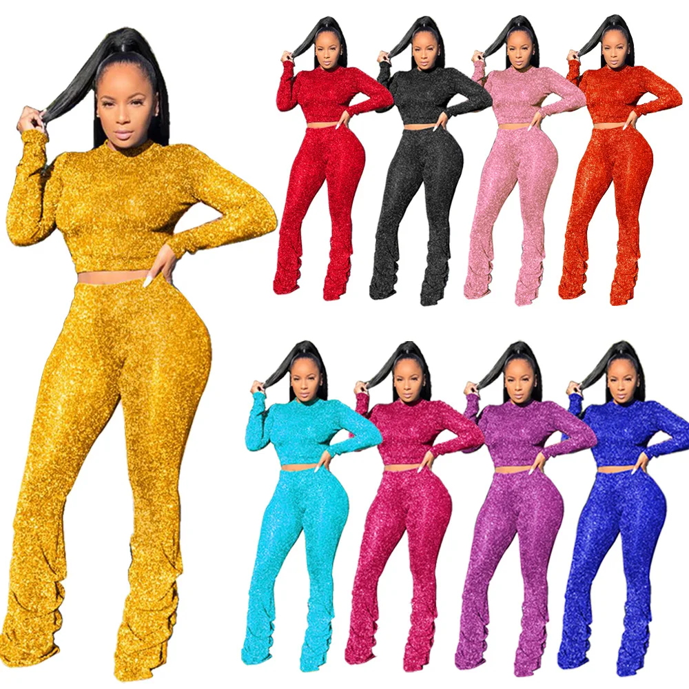 

ready to ship high quality stacked pants new style women's two piece set, As picture or customized make