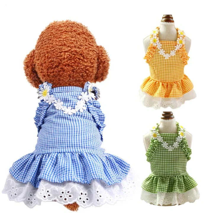 

Cute Flower Pet Dress for Dogs Summer Puppy Skirt with Lace Princess Plaid Skirt Party Small Dog Skirt Outfit Dog Clothes XS-XL