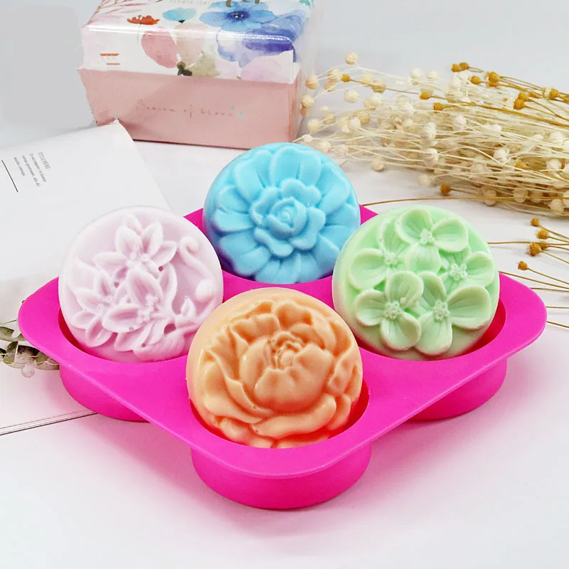 

0351 4 round flower soap handmade essential oil soap DIY epoxy plaster cake decoration silicone mold, Purple