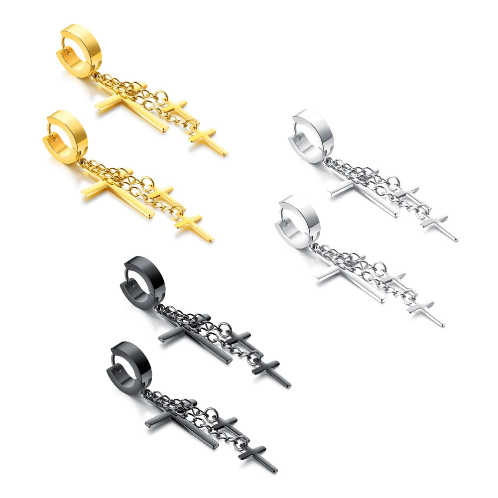 

HipHop Stainless Steel Retro Cross Personality Earrings Multi-Layer Tassel Black Silver Gold Pendant Earring Party Jewelry, Silver/gold/black
