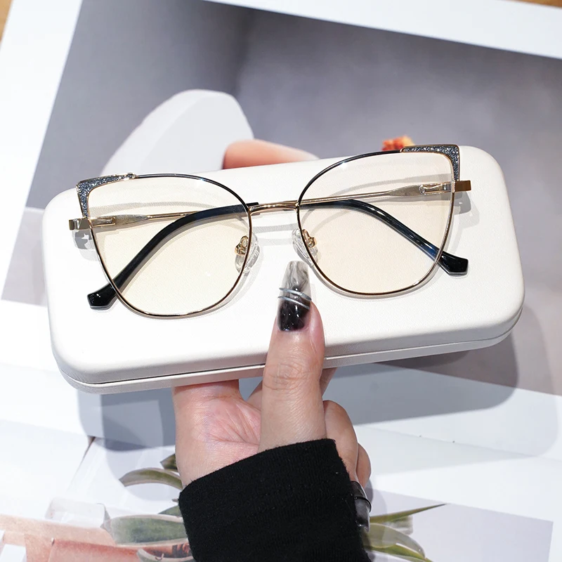 Custom Logo Glasses Photochromic Optical Blue Glass Lens Frames Optical Frames Anti Blue Luxury Rhinestone Glasses