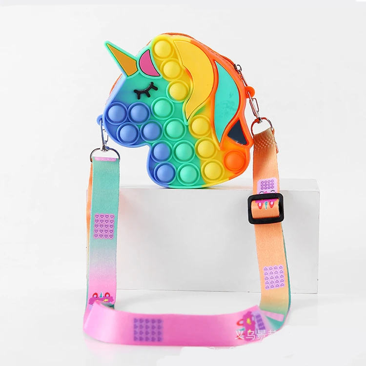 

Christmas Gift Colorful Rainbow Unicorn Women Girls Kid Jelly Silicone Popoit Fidget Toy Purse Phone Makeup Mini Shoulder Bag, As per picture