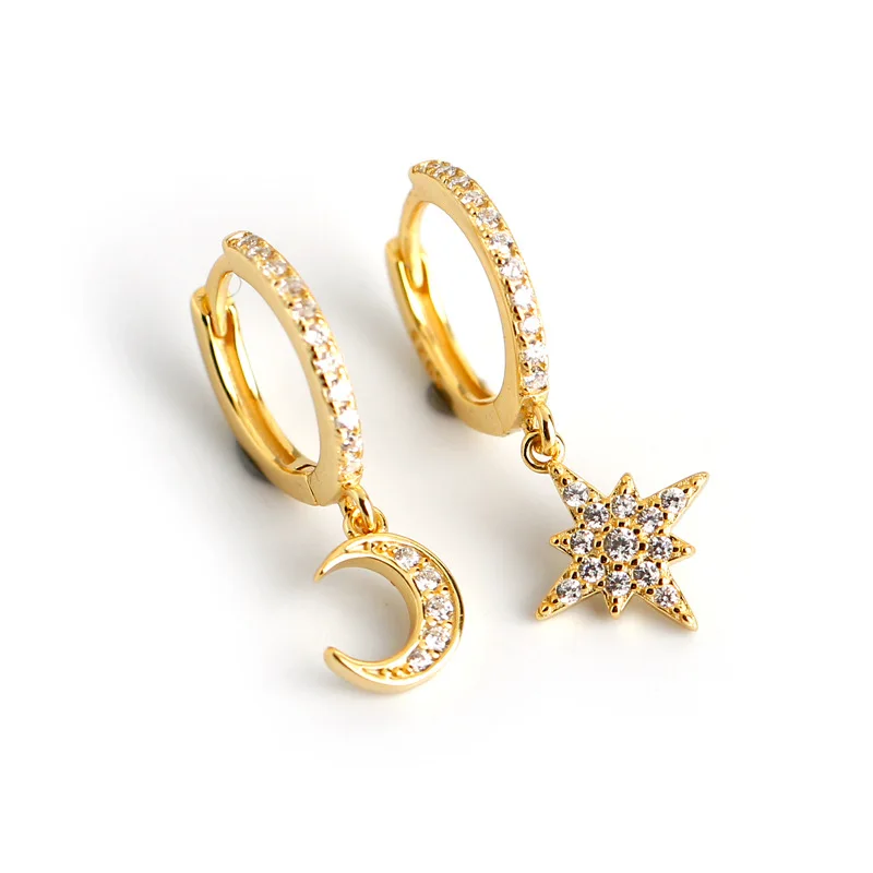 

Fashion Alibaba-online-shopping Asymmetric Star Moon Micro Zircon Dangle Hoop Earrings