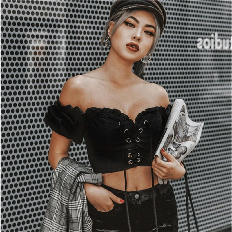 

Women's Streetwear Sexy Cropped Top T Shirt Bandage Pleated Slimming Short-sleeved T-shirts