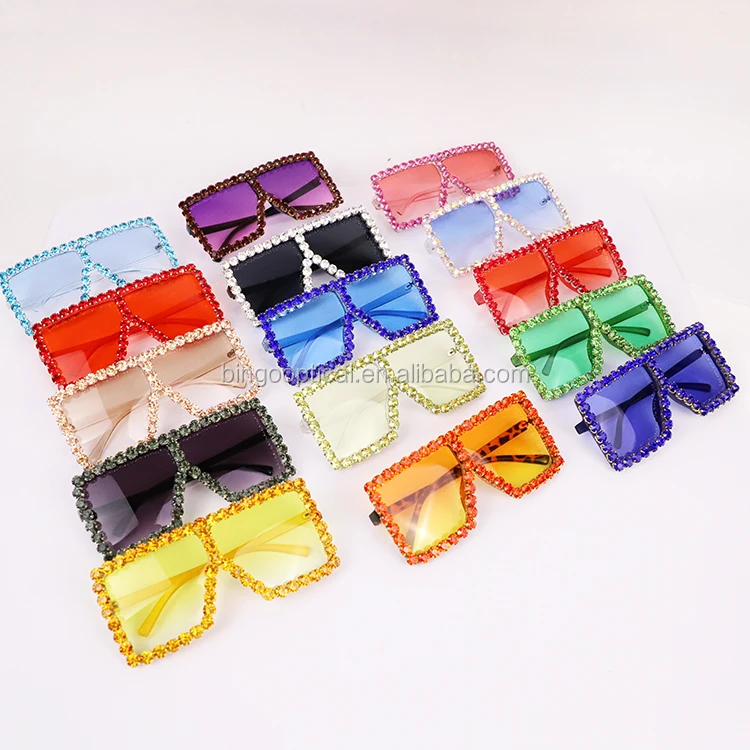 

2021 Shades Retro Women Luxury Oversized Diamond Customized Logo Fashionable PC Square Big Rhinestone Sunglasses