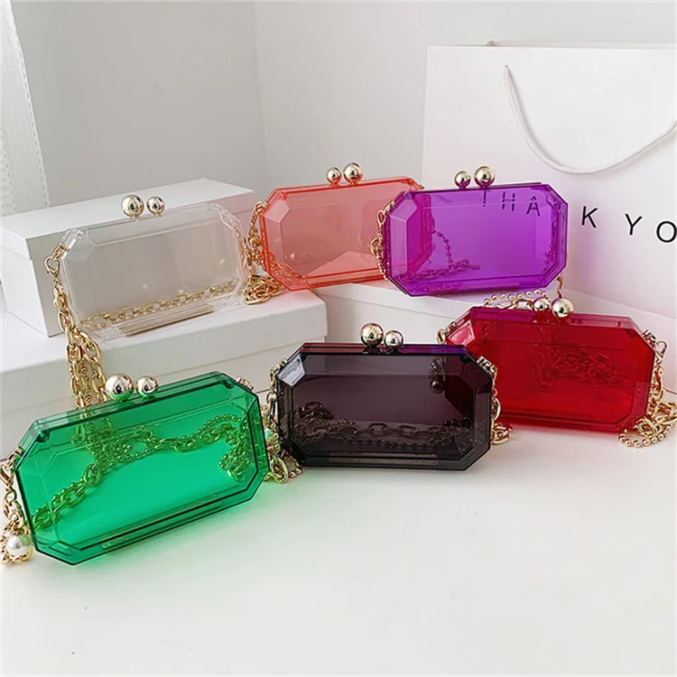 

2021 new ladies acrylic jelly transparent evening chain small mobile phone bag purse shoulder messeger clutch bag with pearl, Red, green,purple,black,clear,wine red