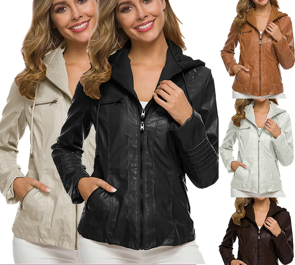

GPP005 New Autumn Winter Women PU Leather Hoodie Jacket Zippered Fashion Ladies Bomber Jacket Coat Plus Size Coat xs~7xl