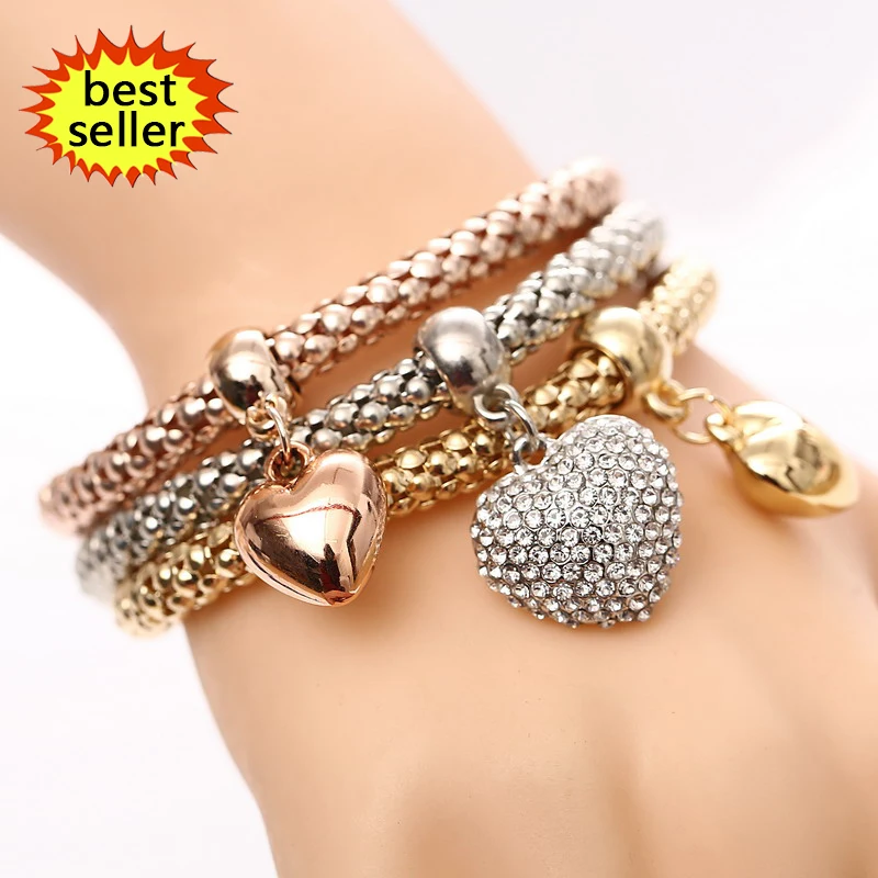 

2022 Hot Selling 3 Pcs Crystal Butterfly Popcorn Elastic Bracelets Set Heart Lock Charm Bracelet for Women