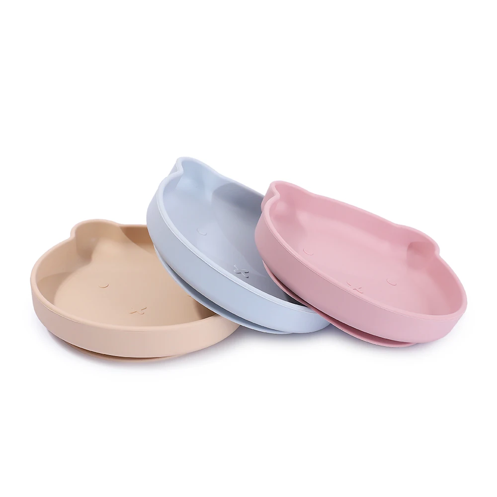 

100% Food Grade Soft Touch Toddler Feeding Training Plates Silicone Baby Suction Plate with Spoon and Fork, Blue, pink, light green, customized